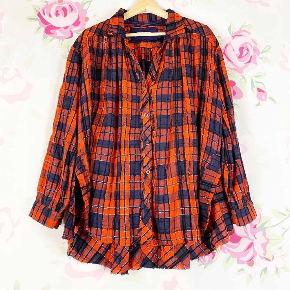 NEW Free People Orange Lela Plaid Oversized Metallic Tunic Top XS